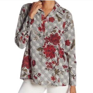 Pleione Houndstooth Floral Blouse